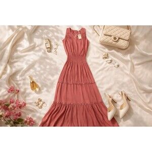 Ramy Brook Eden Maxi Dress Pink Viscose Tiered Strappy Sleeveless V-Neck S